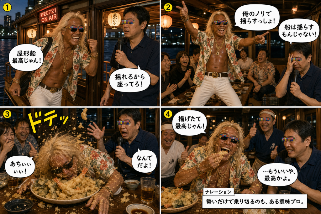 高田実、屋形船へ行くの4コマ漫画