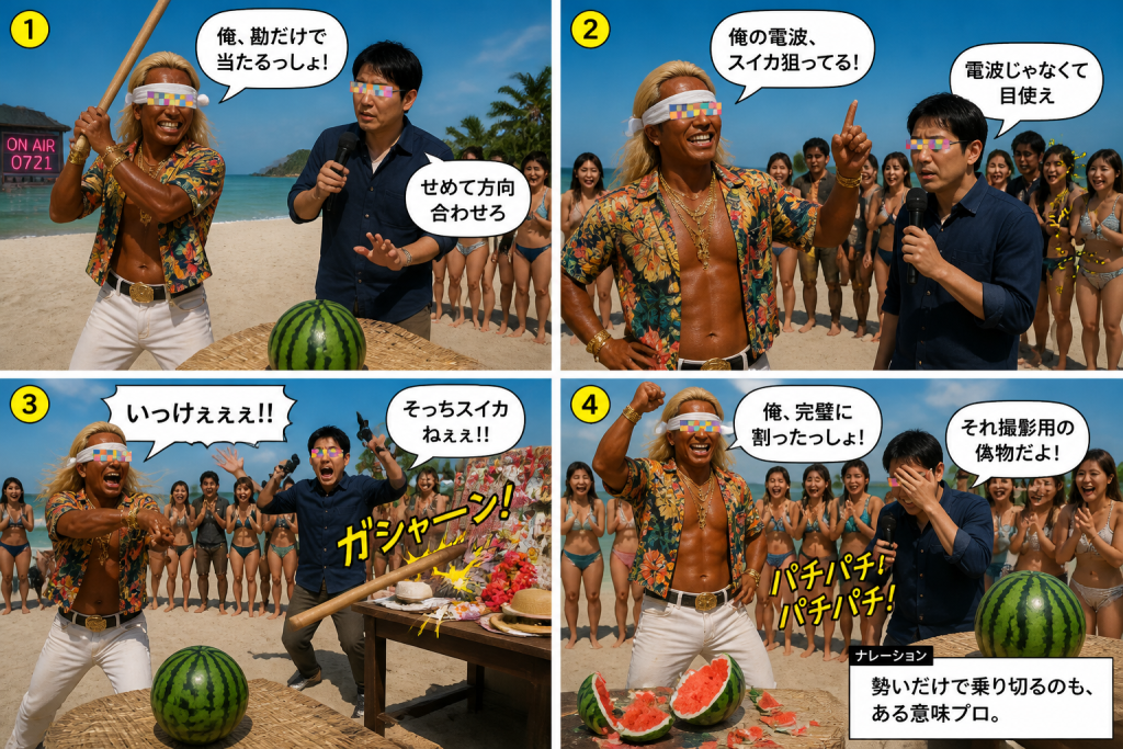 高田実、スイカ割りへ行くの4コマ漫画