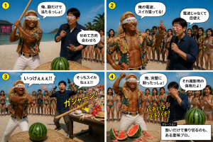 高田実、スイカ割りへ行くの4コマ漫画
