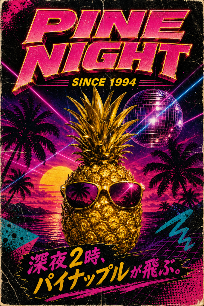 PINE NIGHTのフライヤー。サングラスをかけた金色のパイナップルと夕焼けのヤシの木、SINCE 1994、深夜2時、パイナップルが飛ぶ。の文字