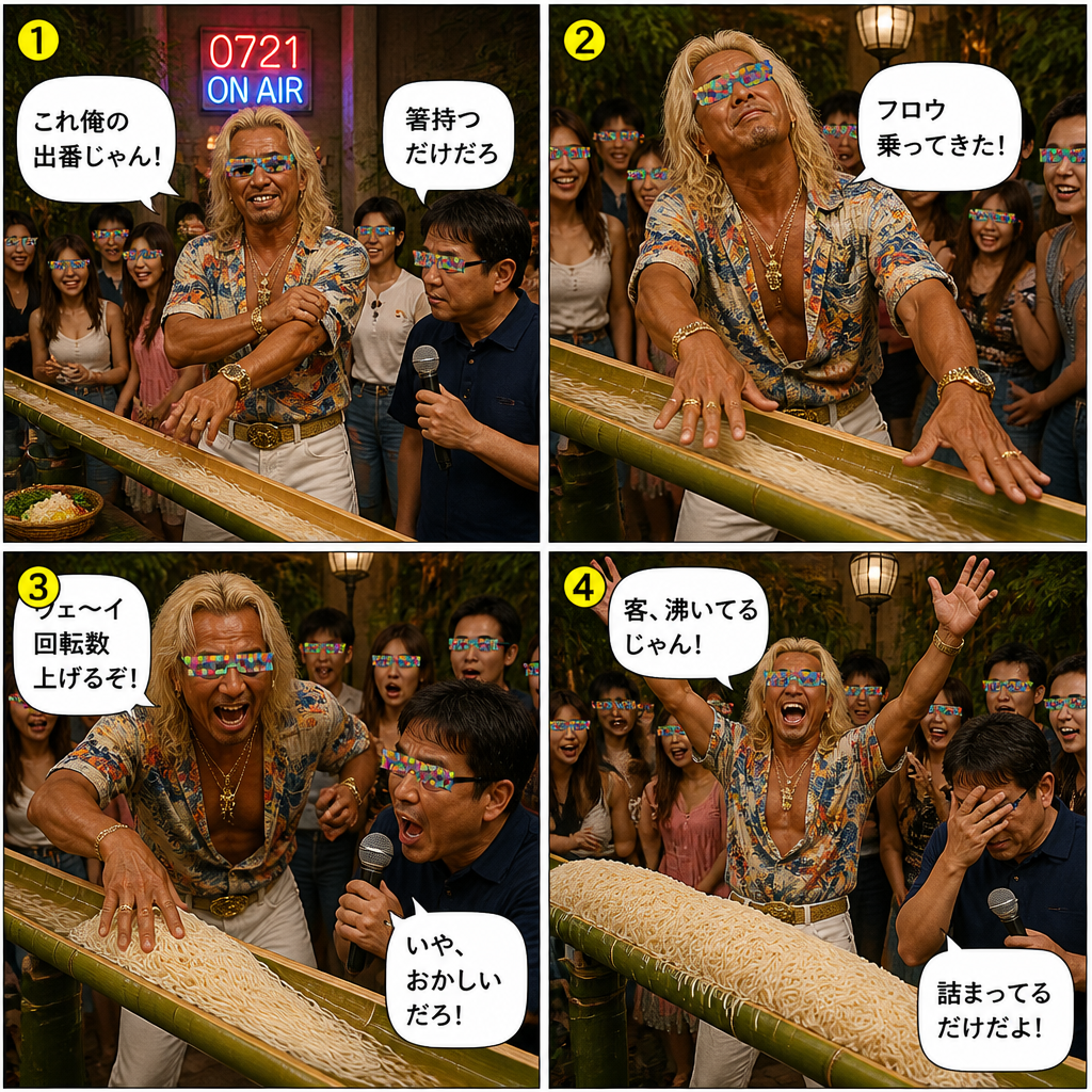 高田実、そうめん流しへ行くの4コマ漫画