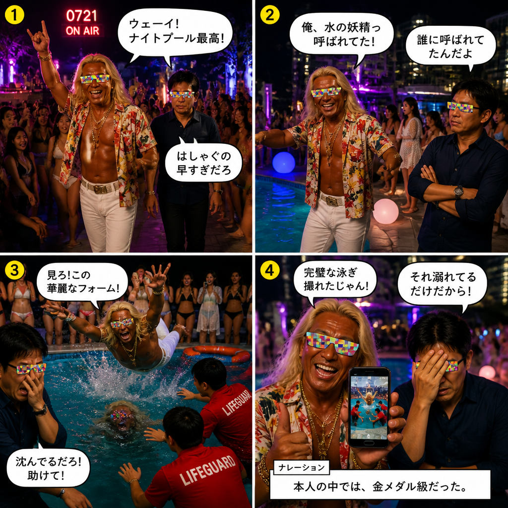 高田実、ナイトプールへ行くの4コマ漫画