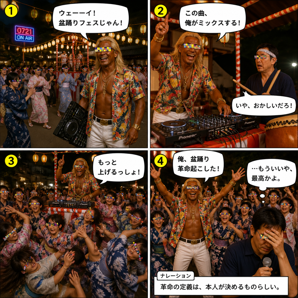 高田実、盆踊り大会へ行くの4コマ漫画