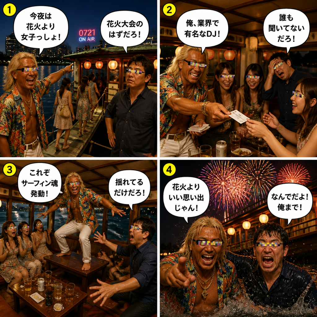 高田実、屋形船へ行くの4コマ漫画