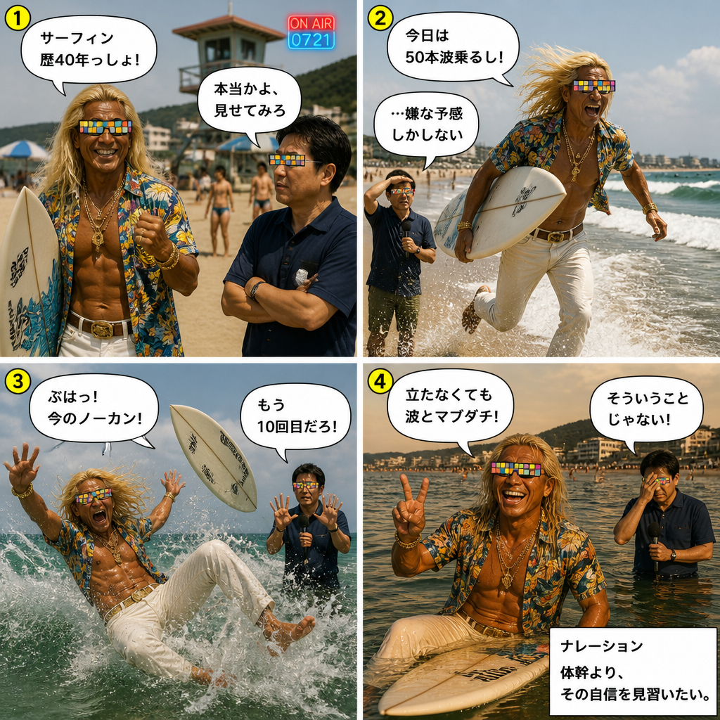 高田実、サーフィンへ行くの4コマ漫画