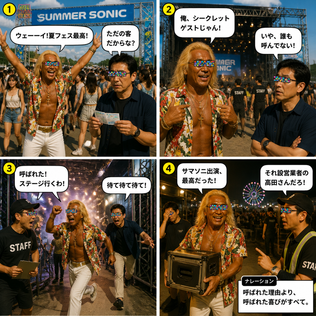 高田実、夏フェスへ行くの4コマ漫画