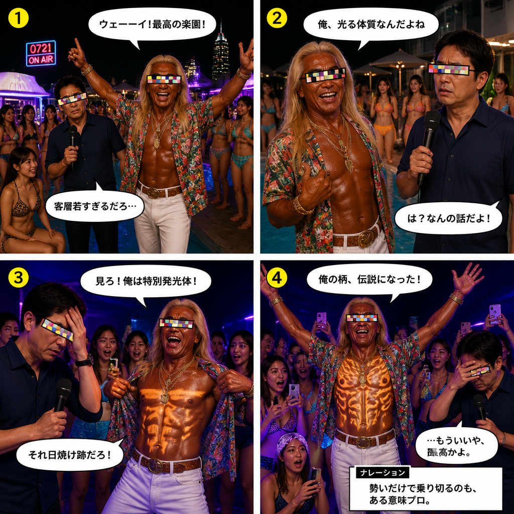 高田実、ナイトプールへ行くの4コマ漫画