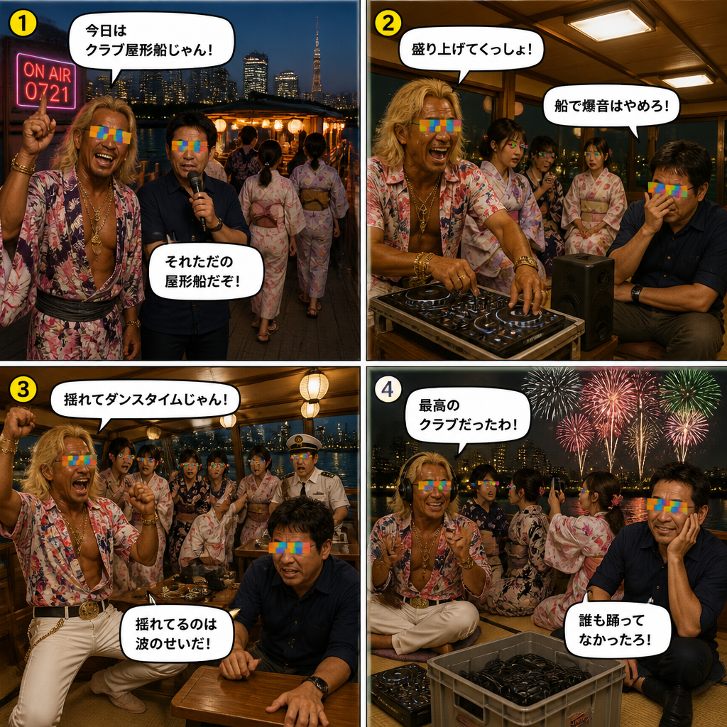 高田実、納涼屋形船へ行くの4コマ漫画