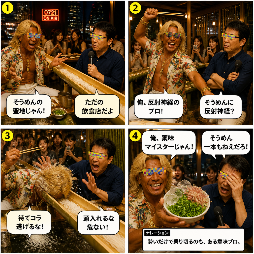 高田実、流しそうめん屋へ行くの4コマ漫画