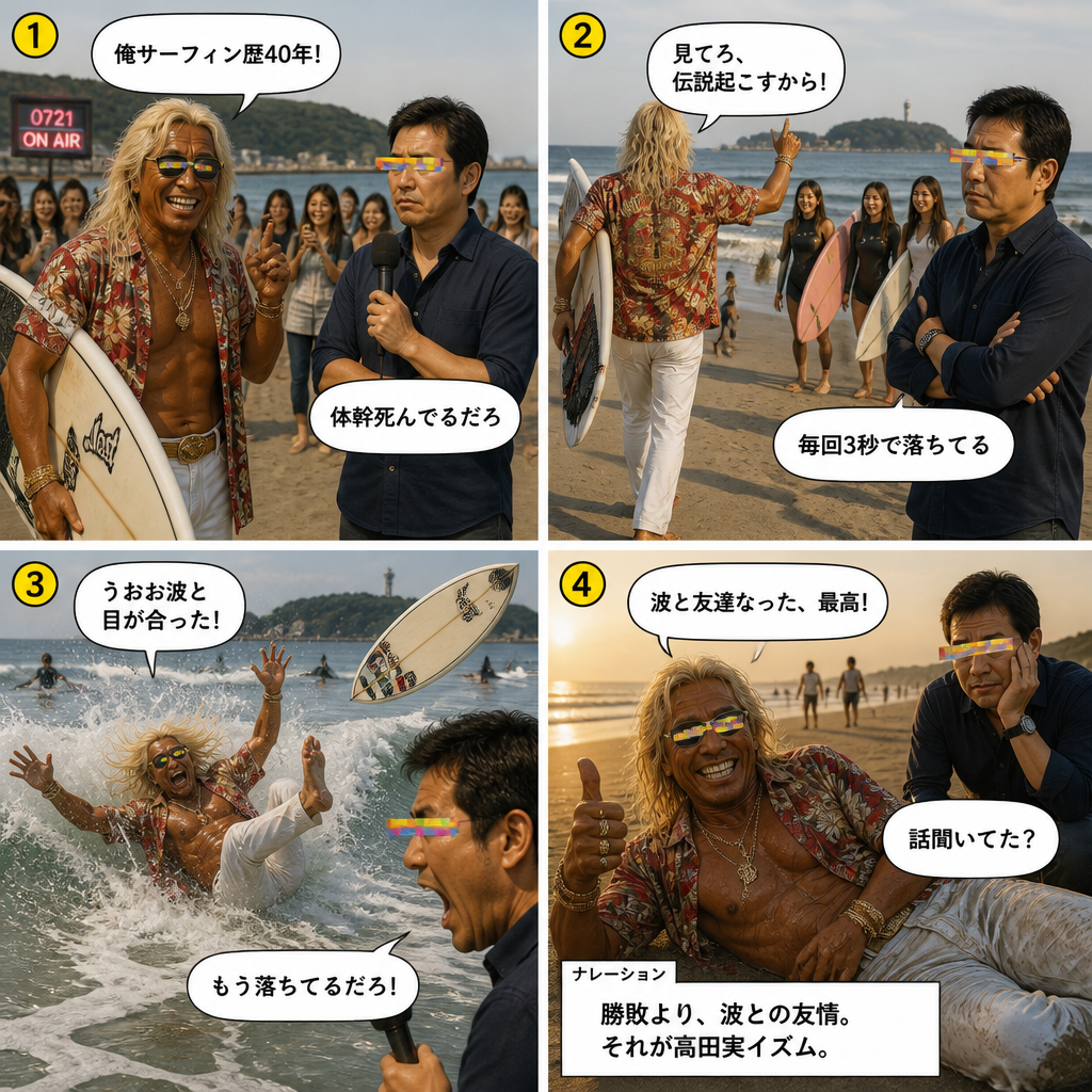 高田実、サーフィンへ行くの4コマ漫画