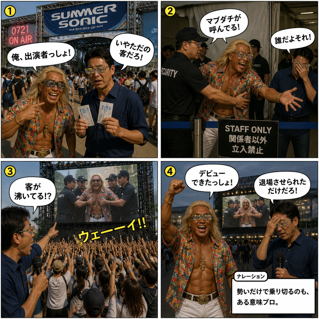 高田実、夏フェスへ行くの4コマ漫画