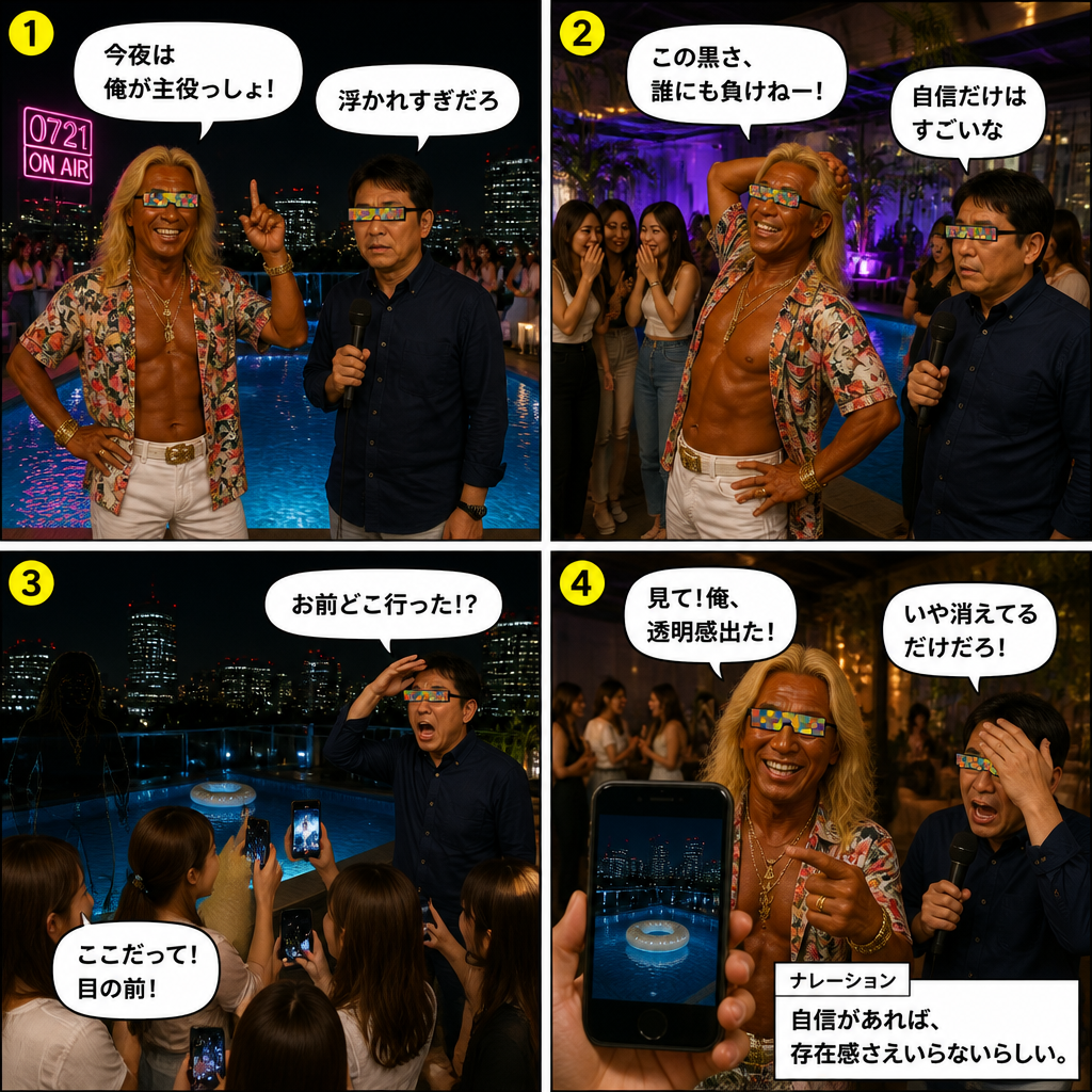 高田実、ナイトプールへ行くの4コマ漫画
