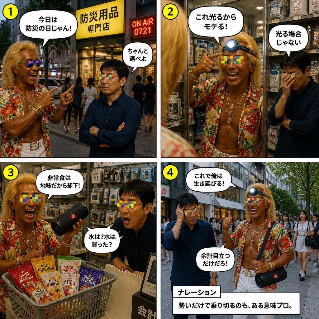 高田実、防災グッズを買いに行くの4コマ漫画