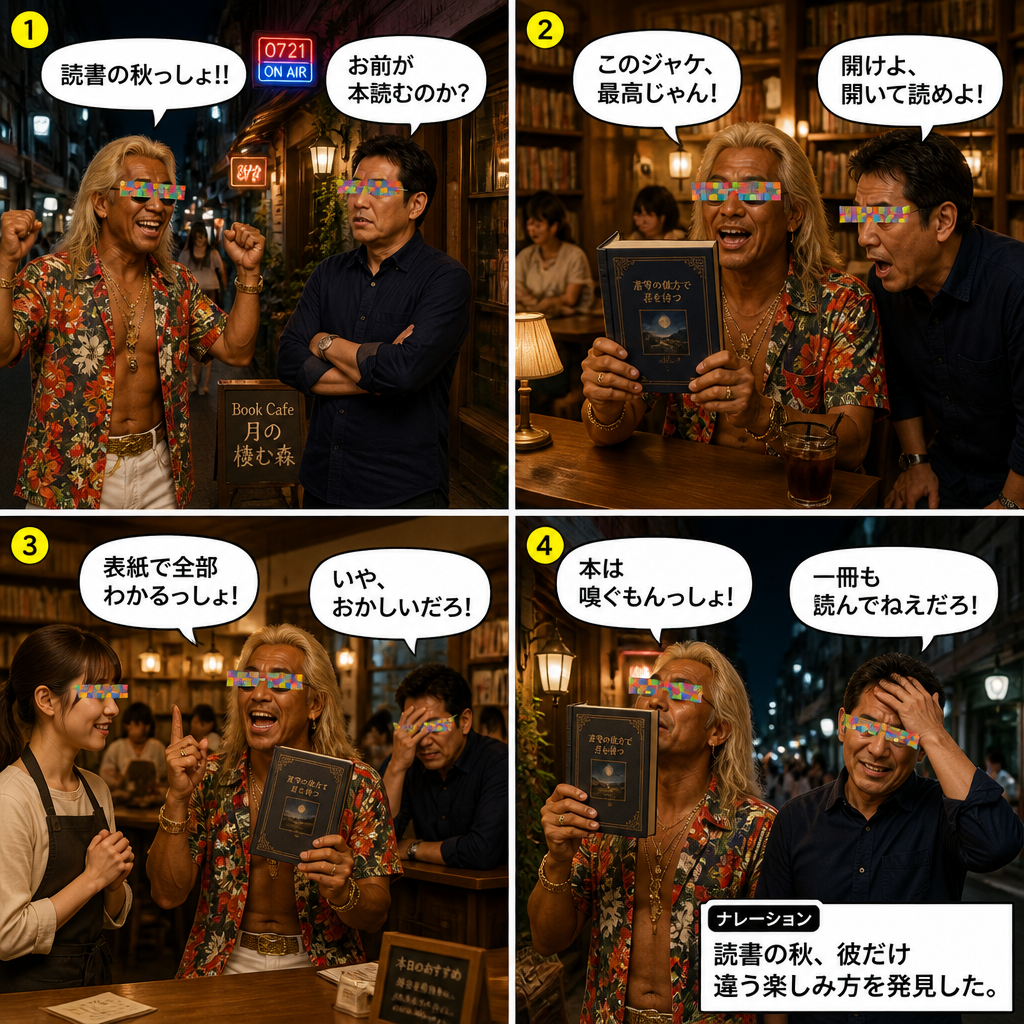 高田実、ブックカフェへ行くの4コマ漫画