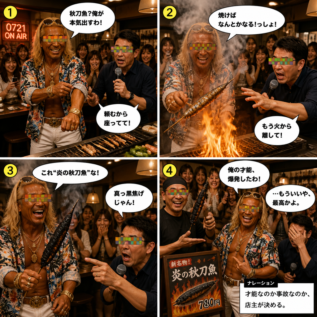 高田実、炉端焼き店へ行くの4コマ漫画