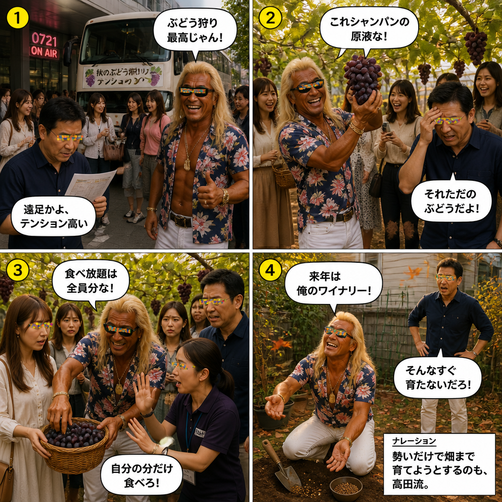 高田実、ぶどう狩りツアーへ行くの4コマ漫画