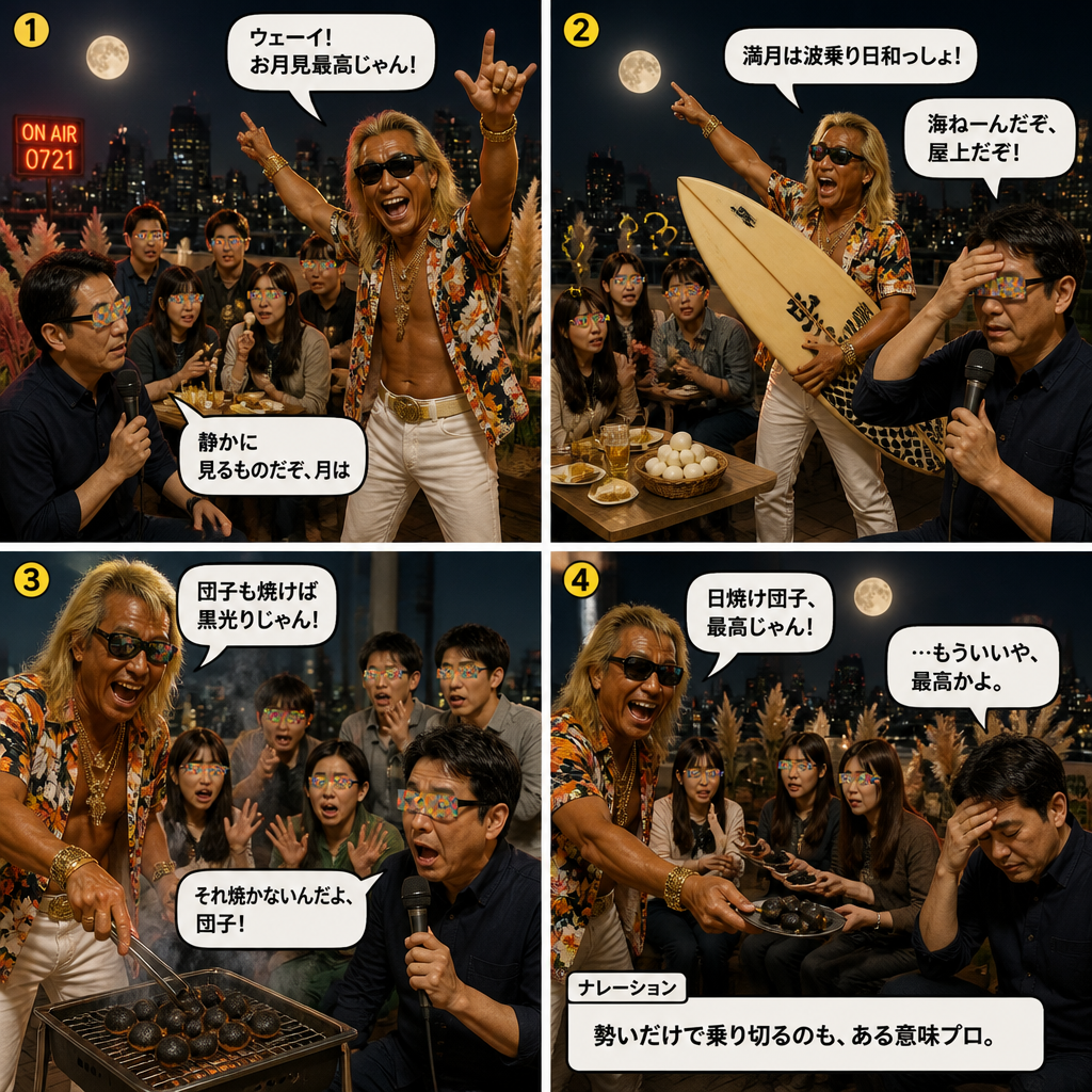 高田実、お月見パーティーへ行くの4コマ漫画