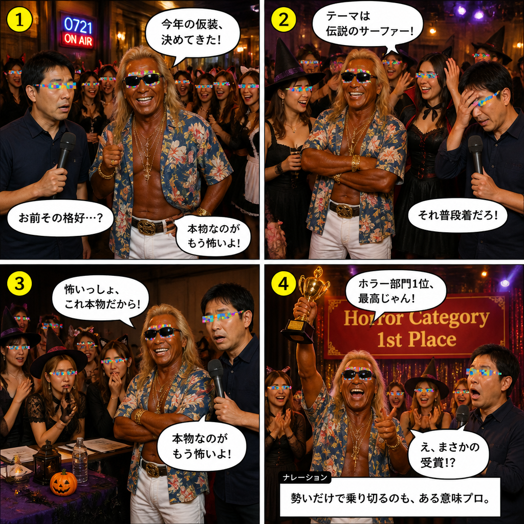 高田実、ハロウィン仮装パーティーへ行くの4コマ漫画