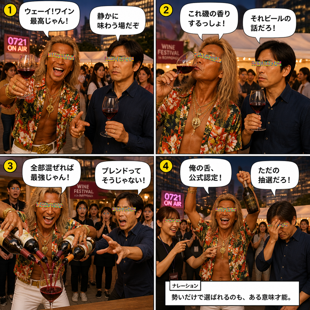 高田実、ワインフェスティバルへ行くの4コマ漫画
