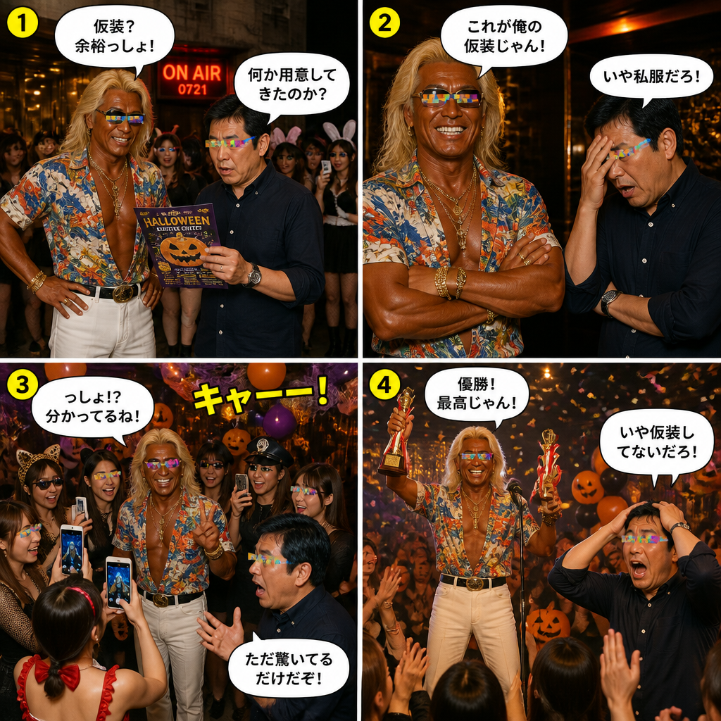高田実、ハロウィンパーティーへ行くの4コマ漫画