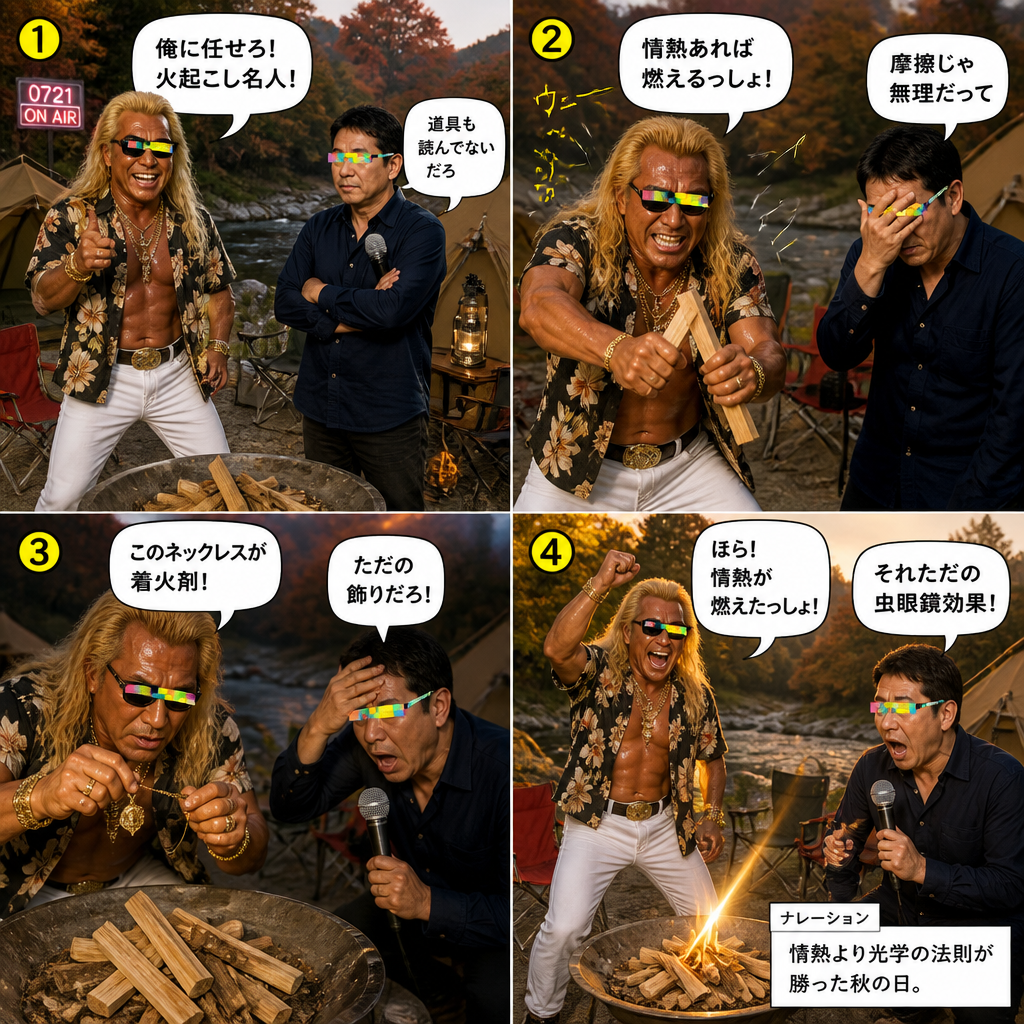 高田実、焚き火キャンプへ行くの4コマ漫画