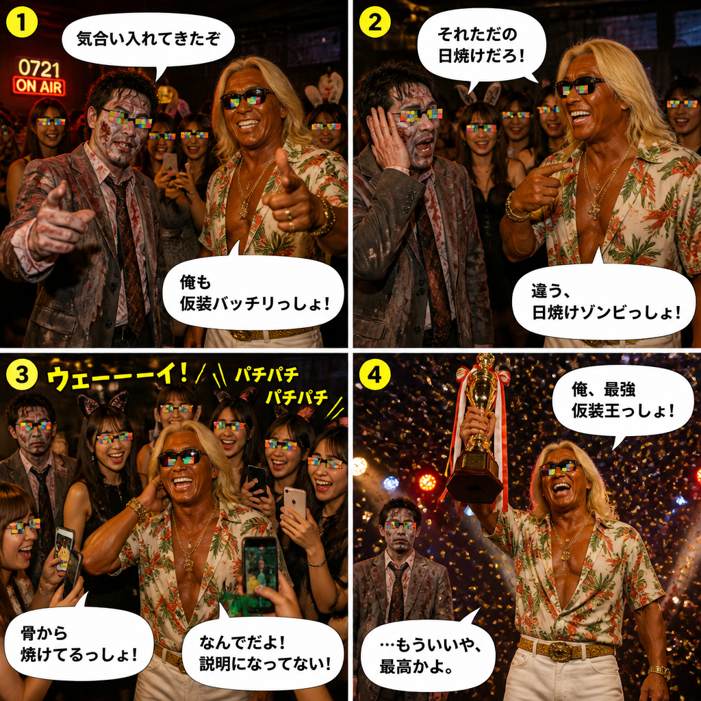 高田実、ハロウィンパーティーへ行くの4コマ漫画